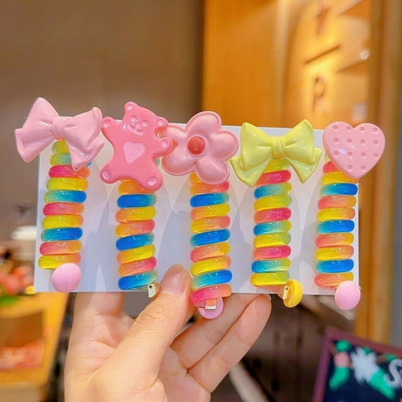 Tnobhg 1/6Pcs Colorful Braided Telephone Wire Hair Bands for Kids Sweet Style Heart Flower Bow Charm Spiral Hair Ties No Hair Damage Cute Hair Accessories for Women Girls