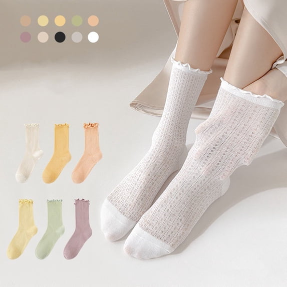 Tnobhg 1 Pair Women Socks Thin Shirring Edge Hollow Mid-tube No Odor Solid Color High Elasticity Anti-slip Breathable Soft Sweat-absorption Anti-shrink Sports Cotton Socks