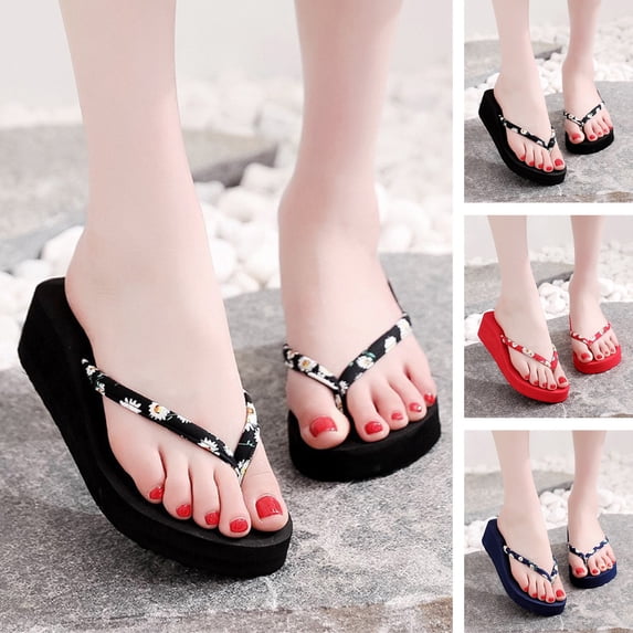 Tnobhg 1 Pair Women Summer Slippers Round Head Thick Soles Flower Print Non-Slip Bottom Solid Open Toe Flip Flops Outwear Shopping Beach Home Sandals