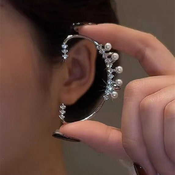 Tnobhg 1 Pc Women Ear Cuff Sparkling Rhinestone Fairy Faux Pearl Decor Anti-slip Stainless Ear Clip Climber Ear Wrap Around Earrings Women Gift