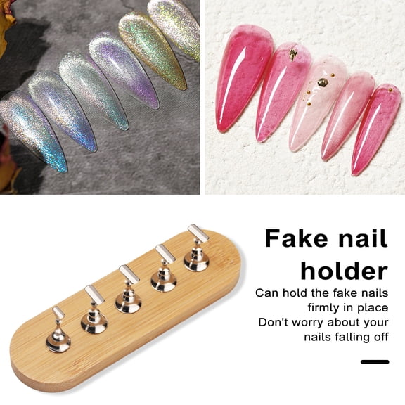 Tnobhg 1 Set Magnetic Nail Holder with Bamboo Base Professional DIY Manicure Fingernail Rest Wearable False Nails Showing Shelf Reusable Nail Art Practice Display Stand Nail Supplies