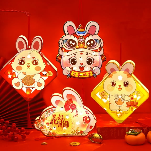 Tnobhg 1 Set Rabbit Paper Lantern with Pole Tassels Battery Operated Double Sided Hollow DIY Handmade Chinese New Year Mid-Autumn Festival Bunny Night Light Children Gift