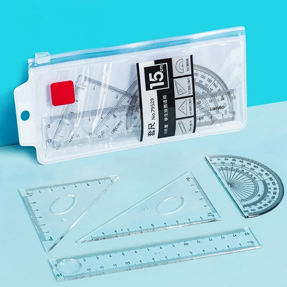 Tnobhg 1 Set Transparent Ruler Easy-to-Use Clear Scale Round Hollow Design with Set Squares Protractor Stationery Learning Tools