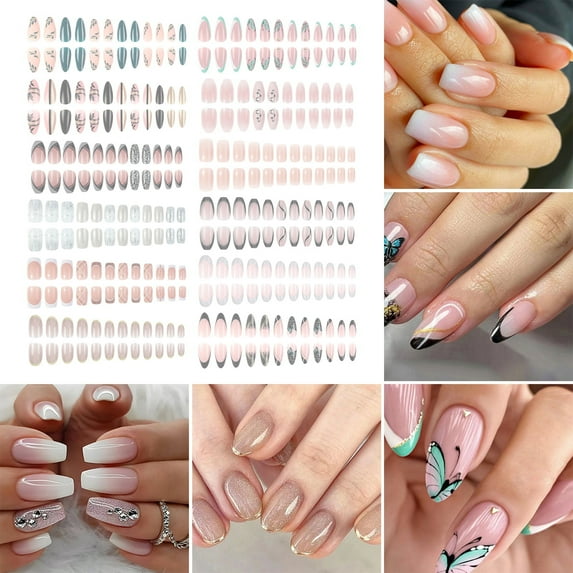 Tnobhg 1 Set Wearable False Nails DIY Nail Art Kit with Glue & Nail File Press-on Nails Waterproof Gel Fake Nails Full Cover French Tips Artificial Nail Accessories for Women Girls