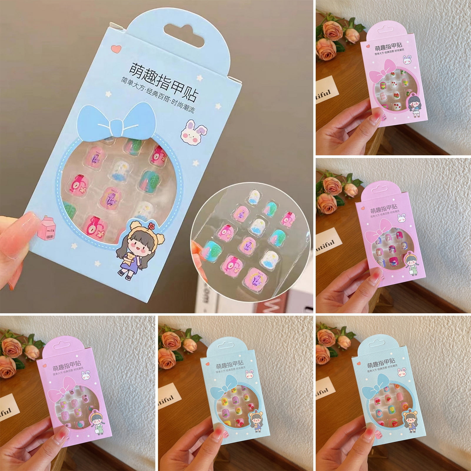 Tnobhg 12Pcs Children Fake Nail Kawaii Selfadhesive Fake Nail Set