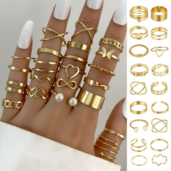 Tnobhg 22 Pcs/Set Women Ring Set Hollow Out Faux Pearl Multi Shapes Heart Butterfly Polished Smooth Alloy Commute Stackable Knuckle Ring Finger Jewelry