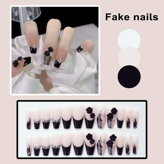 Tnobhg 24Pcs/Set False Nail Black Silver Rose Butterfly Dressing Manicure Sticker Finished Nail Lady Accessories