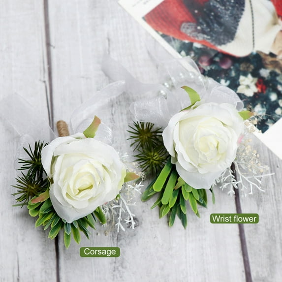 Tnobhg 2Pcs Rose Wrist Flower Corsage Boutonniere Set Elegant Wedding Accessories for Prom White Suit Decorations