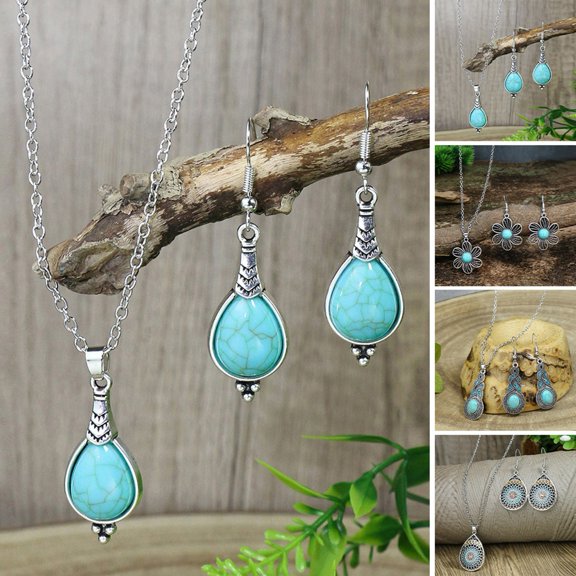 Tnobhg 2Pcs/Set Ethnic Style Faux Turquoise Necklace Earrings Set Women Shining Rhinestones Inlaid Pendant Necklace Hook Earrings Jewelry Set