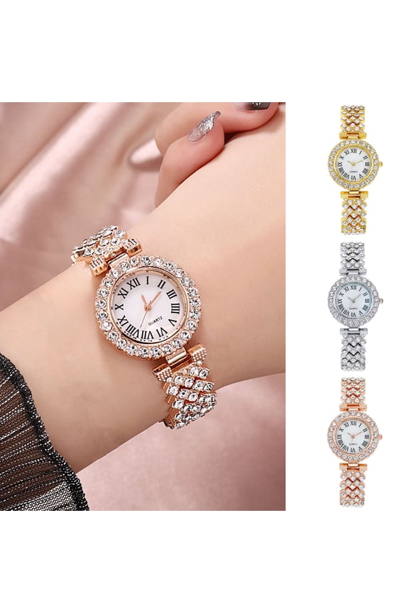 3 Pcs/Set Watch Bracelet Set Shiny Rhinestone Quartz Movement Accurate Time Adjustable Strap Exquisite Electroplated Stainless Luxury Wrist Decoration Watch Bracelet Set Lady Jewelry
