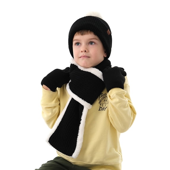 Tnobhg 3Pcs/Set Kids Hat Gloves Scarf Knitted Thickened Plush Lining Outdoor Windproof Warm Winter Children Pompom Beanie Scarf Full Finger Gloves Kit