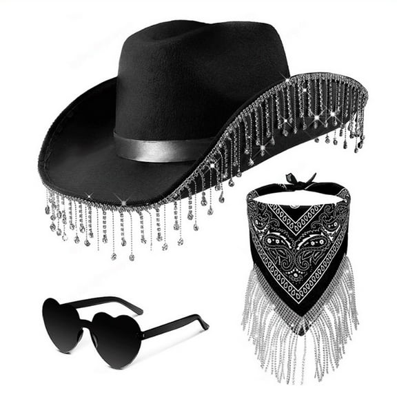 Tnobhg 3Pcs/Set Shining Rhinestone Tassel Cowgirl Cowboy Jazz Hat Heart Shape Sunglasses Bandanas Set Women Men Cosplay Costume