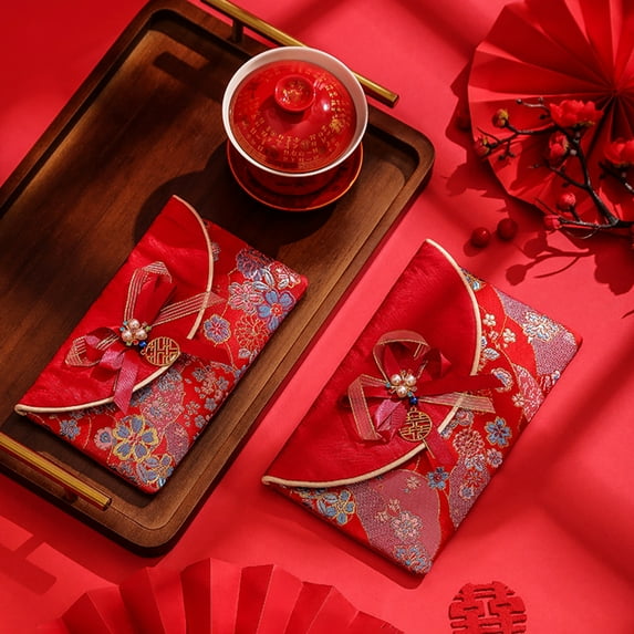 Tnobhg Chinese New Year Red Cash Envelope Faux Silk Red Pocket Embroidery Dragon Pattern Tassel Money Holder Cash Coin Gift Lucky Money Envelope Happy New Year Gift