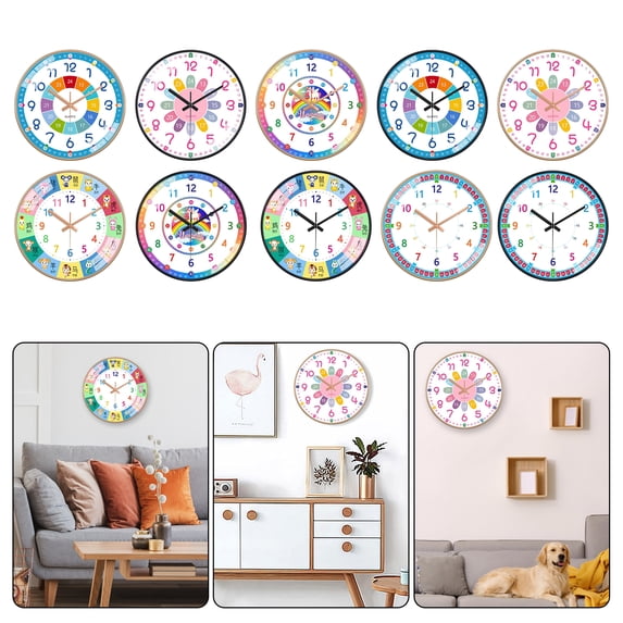Tnobhg Colorful Silent Wall Clock Bedroom Classroom Playroom Teach Time Telling Skills Clock for Kids Room Decor