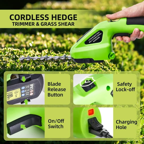 Tnobhg Cordless Grass Shear with Non-Slip Handle Rechargeable Powerful Motor Grass Cutter 2-in-1 Handheld Electric Grass Trimmer Hedge Shear