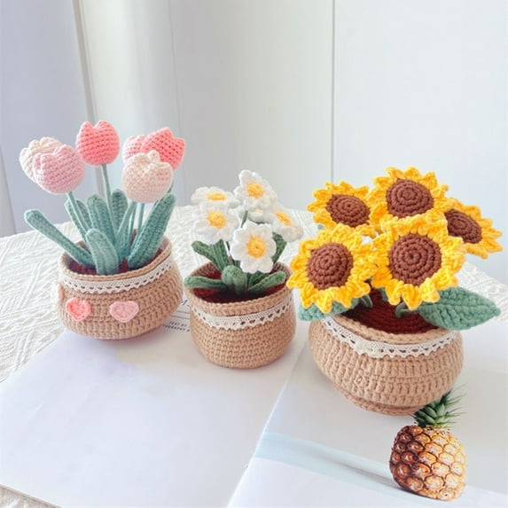 Tnobhg Crochet Potted Flower Decoration Handmade Colorful Tulip Rose Shape Woolen Yarn Hand-knitted Flower Desktop Ornament Birthday Gift
