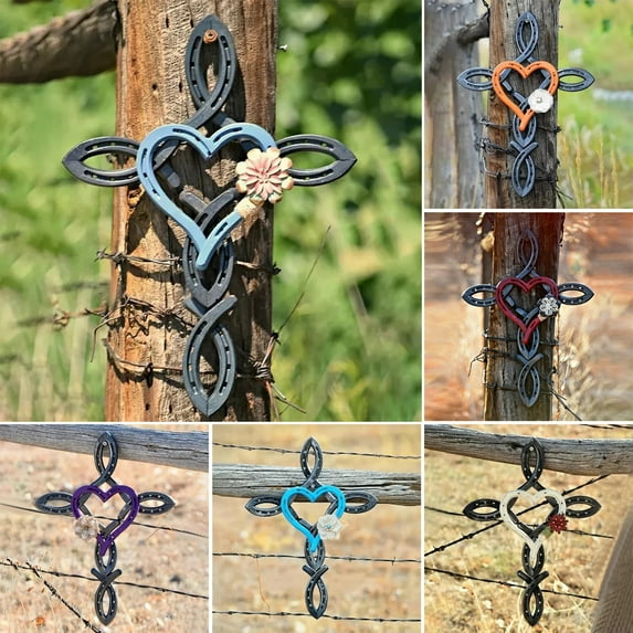 Tnobhg Cross Pendant Vintage Heart Flower Pattern Metal Horseshoe Cross Wall Hanging Ornament for Outdoor Home Decoration