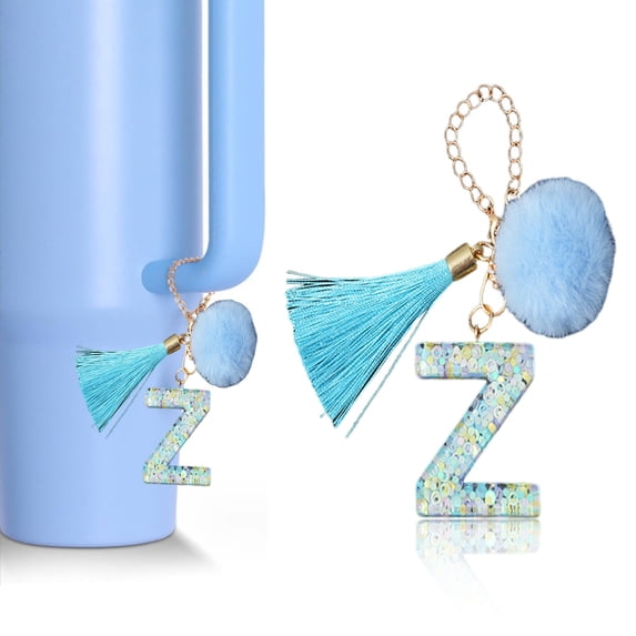 Tnobhg Cup Chain Shiny Clear Round Initial Shape Pendant Tumbler Charm Resin Initials Keychain with Plush Ball Tassel Decor