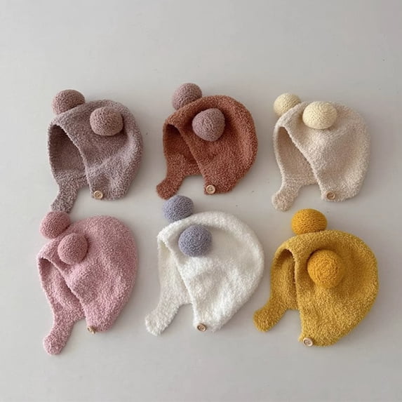 Tnobhg Cute Winter Warm Kids Girl Boys Baby Hat Fleece Hat with Ball Decor Patchwork Color Ear Protection Hat Soft Newborn Bonnet Hat