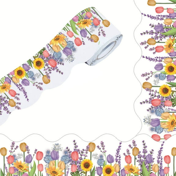 Tnobhg Floral Bulletin Border Tulip Flower Trim Border Exquisite Pattern Easy to Apply Blackboard Chalkboard Trim Border Paper