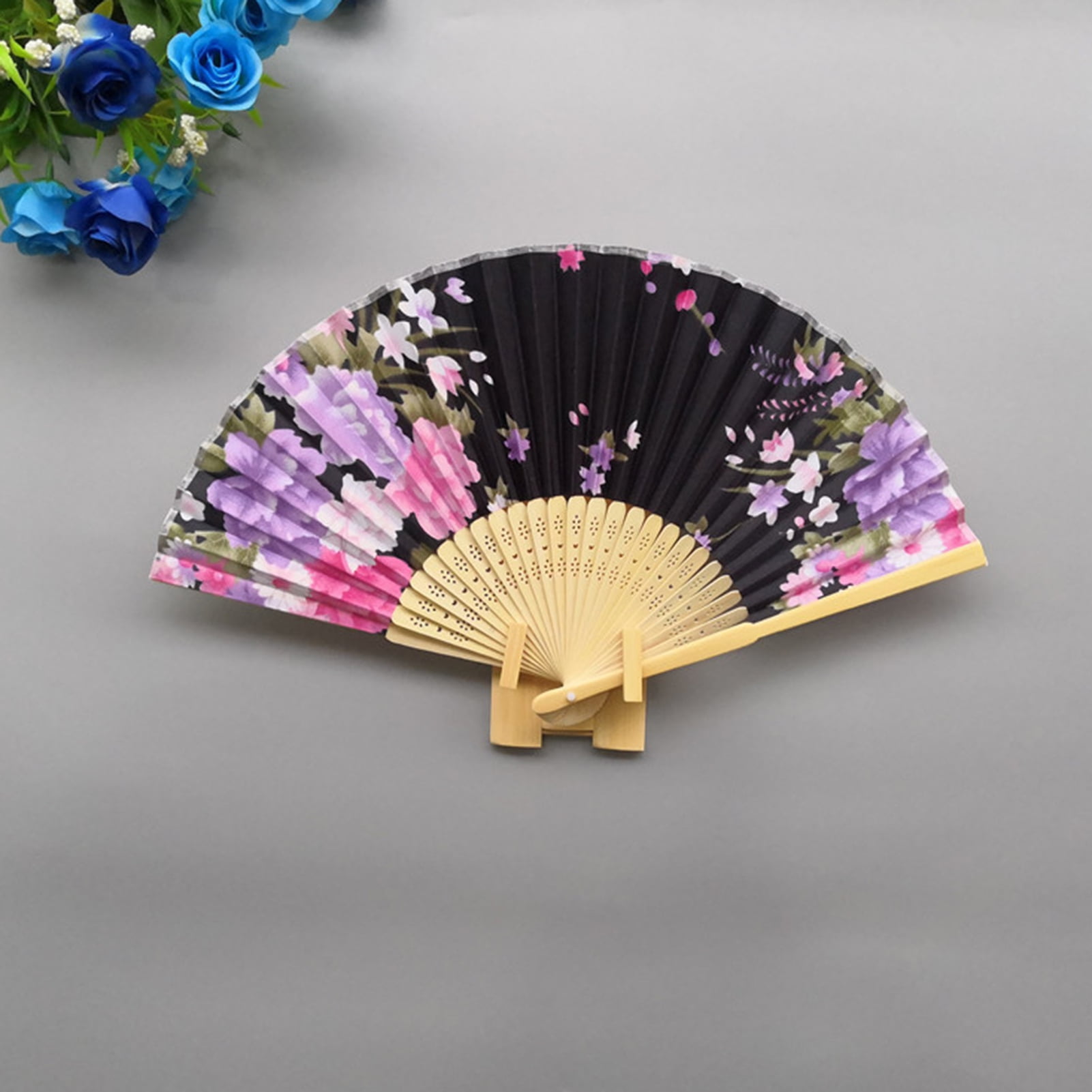 Tnobhg Folding Fan Double Sided Flower Pattern Bamboo Hollow Ribs ...