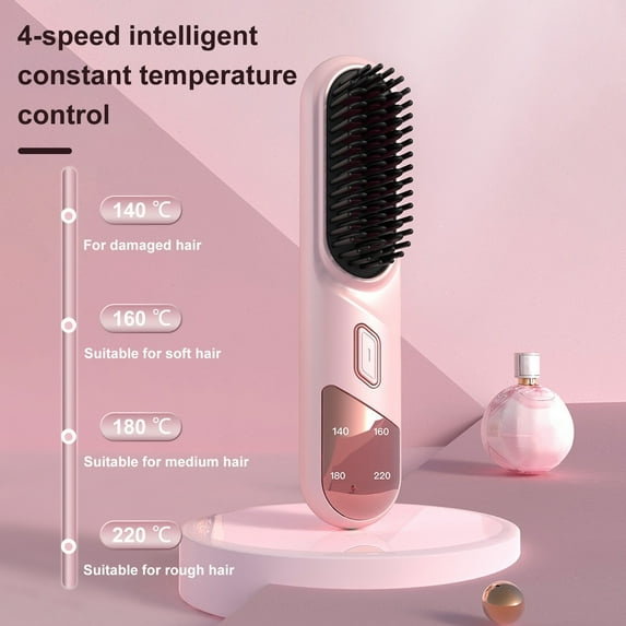 Tnobhg Hair Straightener Brush 4 Temperatures Fast Heating USB Rechargeable Cordless Negative Ions Hot Brush Electric Fluffy Curly Hair Styling Detangling Comb