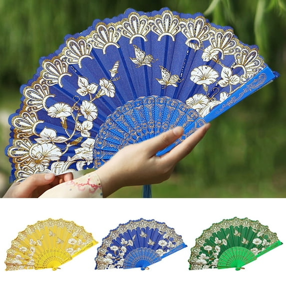 Tnobhg Handheld Fan Vintage Style Bright Color Exquisite Pattern Fine Workmanship Ultralight Cloth Retro Chinese Style Folding Fan Photography Prop Office Supplies