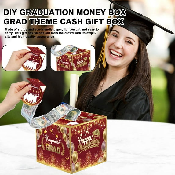 Tnobhg Happy Graduation Money Box with Clear Bag Pull Type Thick Paper Cash Storage Holder Container Grad Party Surprise Gift Box Decoration