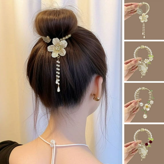 Tnobhg High Ponytail Hair Claw Clip with Tassel Flower Leaf Decor Faux Pearl Shark Hair Clip for Girls Women Thick Long Hair