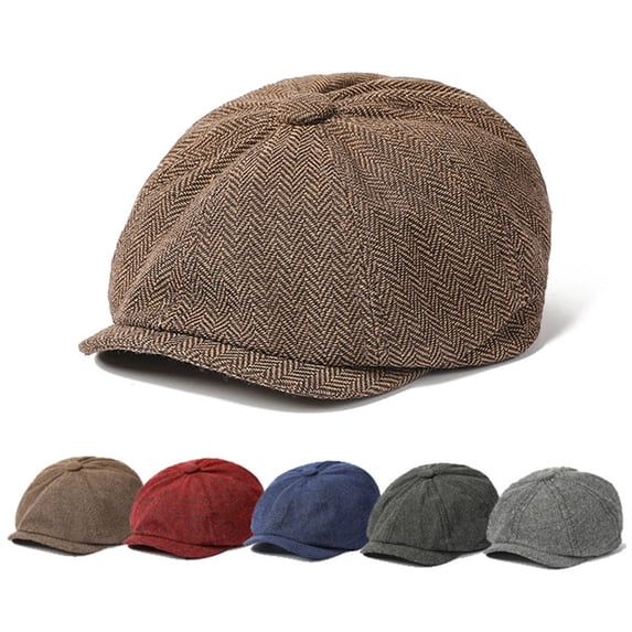 Tnobhg Men Autumn Winter Classic Herringbone Pattern Octagonal Hat Extended Brim Beret Hat Newspaper Painter Hat Fashion Accessories