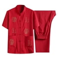 thumbnail image 1 of Tnobhg Men Chinese-style Suit 2 Pcs/set Men Shirt Pants Set Retro Chinese Tang Suit Top Stand Collar Single-breasted Embroidery Short Sleeve Elastic Waist, 1 of 8