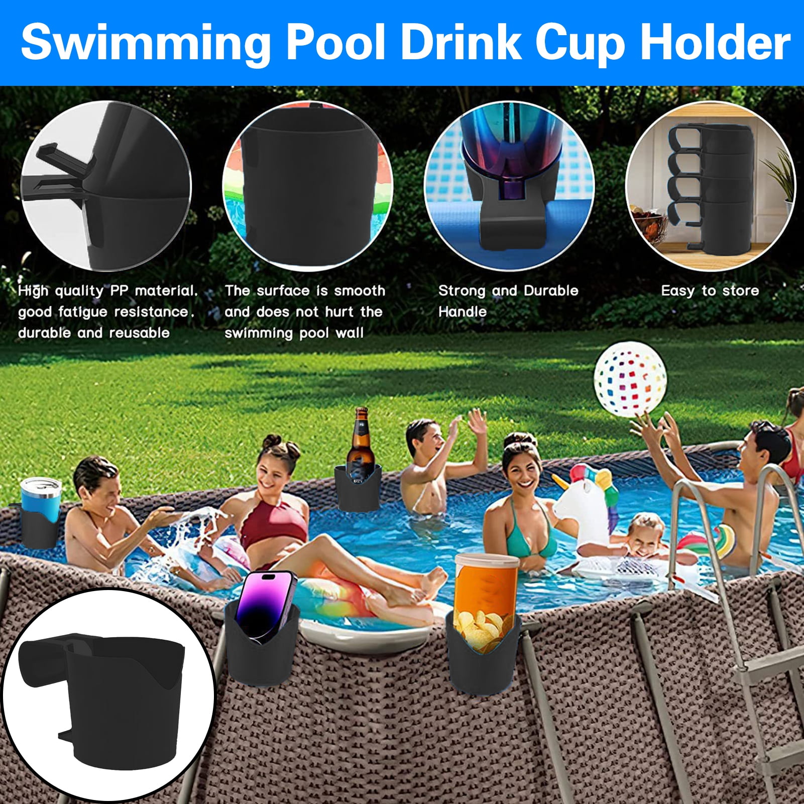 Tnobhg Poolside Cup Holder Clip Style No Spill Universal Round Heavy Duty Above Ground Swimming