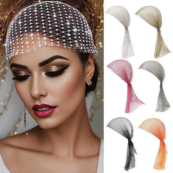 Tnobhg Rhinestone Hat Elastic Snood Scarf Cap Mesh Hollow Out Fishnet Pirate Hat Prom Ball Masquerade Cosplay Headband
