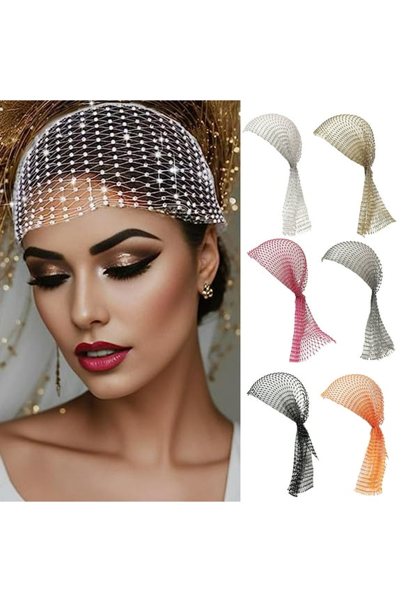 Rhinestone Hat Elastic Snood Scarf Cap Mesh Hollow Out Fishnet Pirate Hat Prom Ball Masquerade Cosplay Headband
