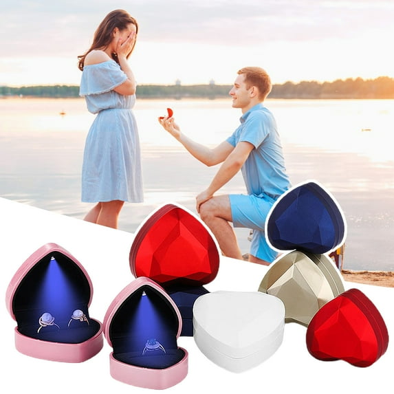 Tnobhg Ring Box Heart Shaped with LED Light Pocket-sized Portable Ring Case for Proposal Engagement Wedding