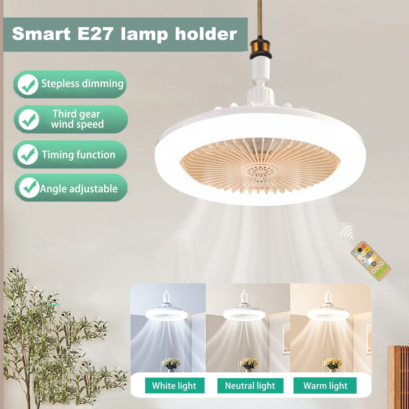 Tnobhg Socket Fan Light with Remote Control 3 Speed Settings Low Noise