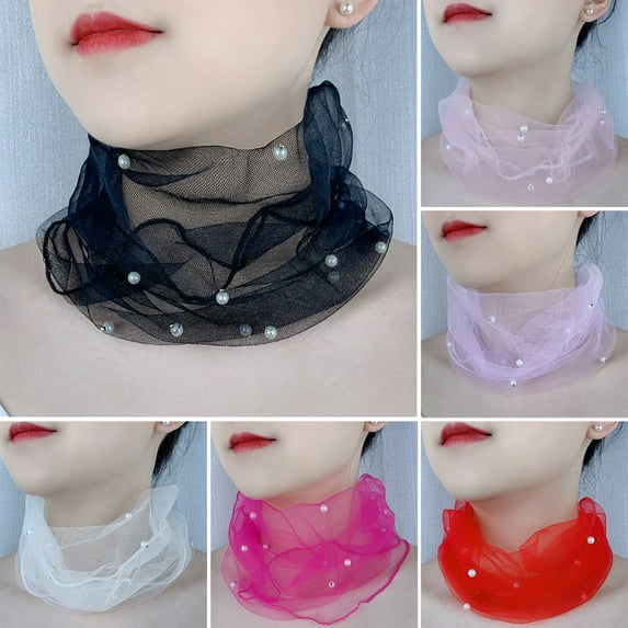 Tnobhg Solid Color Neck Collar Faux Pearls Decor Elastic Organza Lace Scarf Elegant Multi-functional Elastic Neck Wrap