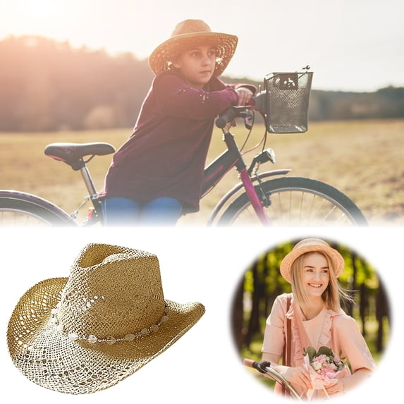 Tnobhg Summer Straw Hat Hollow Out Foldable Adjustable Bead Decor Curled Edge Windproof Strap Western Cowboy Style Solid Color Outdoor Cap