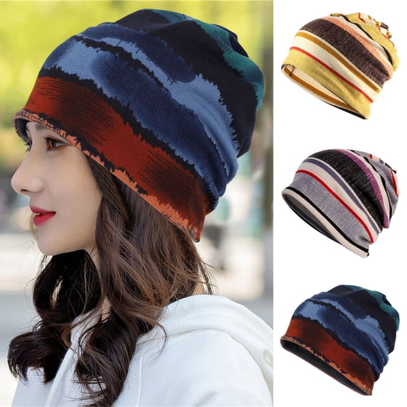 Tnobhg Unsiex Fall Winter Hat Striped Color Matching Elastic No Brim Regular Fit Baggy Ear Protection Anti-shrink Soft Decorative Hip Hop Women Men Beanie Cap