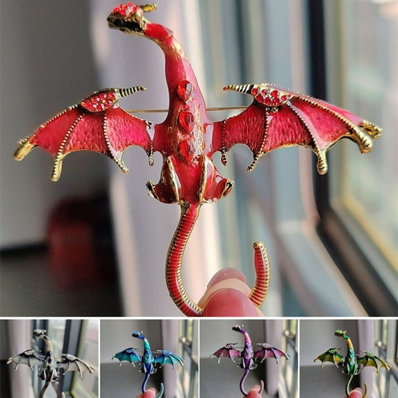 Tnobhg Vintage Enamel Dragon Shape Brooch Shining Rhinestones Inlaid Flying Dragon Pin Unisex Lapel Badge Clothing Decoration