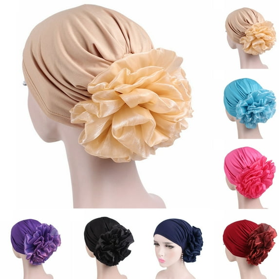 Tnobhg Women Exaggerated Flower Decor Turban Hat Solid Color Elastic Bonnet Beanie Hat Soft Breathable Pullover Hat Streetwear