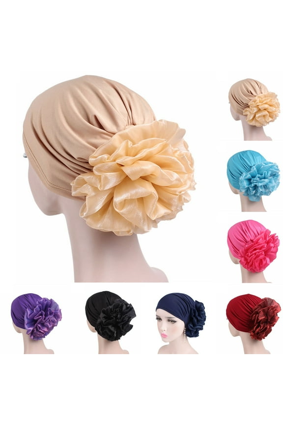 Women Exaggerated Flower Decor Turban Hat Solid Color Elastic Bonnet Beanie Hat Soft Breathable Pullover Hat Streetwear