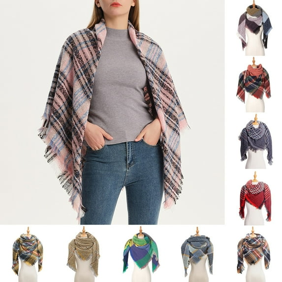 Tnobhg Women Fall Winter Scarf Large Wide Fringe Plaid Print Contrast Color Warm Thick Triangle Shapw Shoulder Neck Protection Lady Shawl Cape
