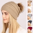 thumbnail image 1 of Tnobhg Women Hat Plush Ball Decor Knitted Solid Color Thickened Warm Windproof Elastic Anti-slip Soft Ear Protection Dome Lady Beanie Outdoor Cap, 1 of 8