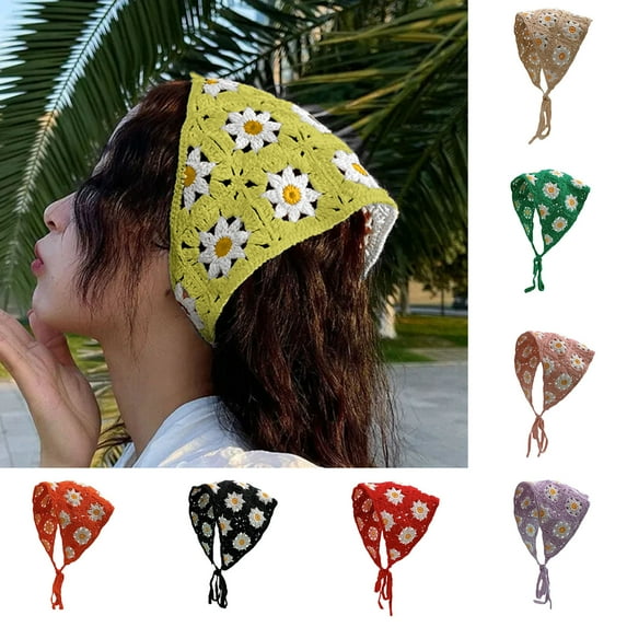 Tnobhg Women Knitting Headscarf Crochet Flower Pattern Hollow Out Headscarf Girl Triangle Headband Head Accessories