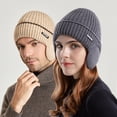 thumbnail image 1 of Tnobhg Women Men Winter Beanie Hat Solid Color Unisex Knit Wool Hat Thickened Ribbed Fleece Lined Hat with Earflaps, 1 of 8