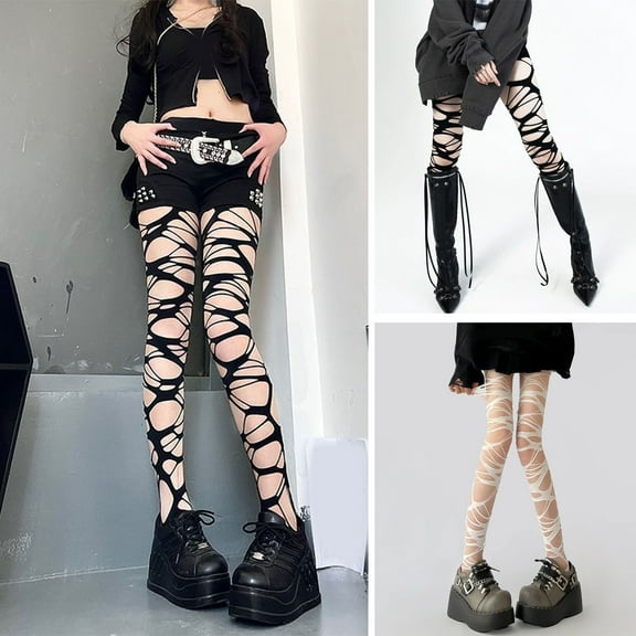 Tnobhg Women Pantyhose Hollow Out Irregular Punk Gothic Ripped Holes Hot Girl Nightclub Party Skinny Elastic Solid Color Lady One-piece Long Stockings