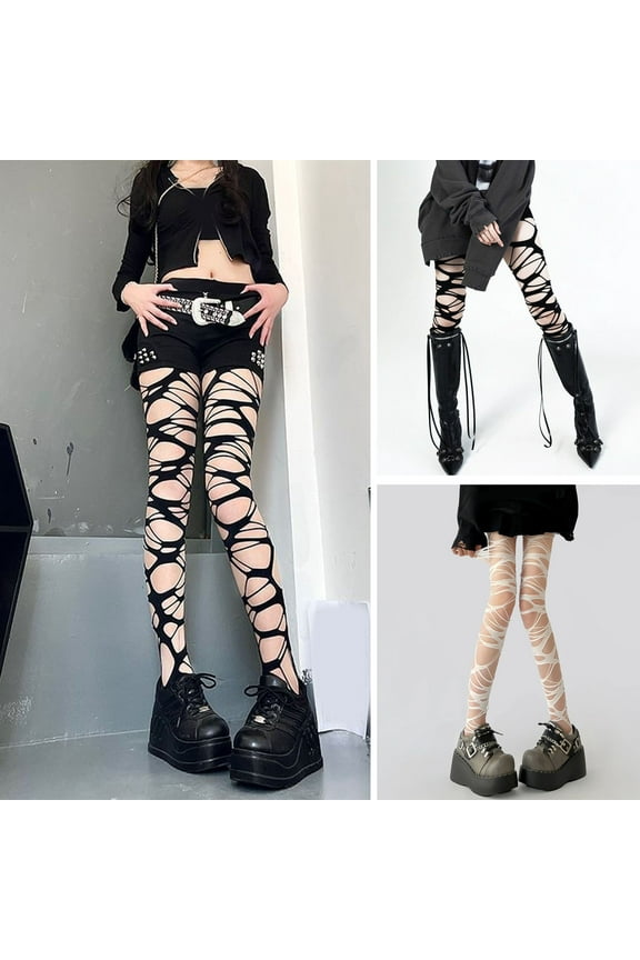 Women Pantyhose Hollow Out Irregular Punk Gothic Ripped Holes Hot Girl Nightclub Party Skinny Elastic Solid Color Lady One-piece Long Stockings
