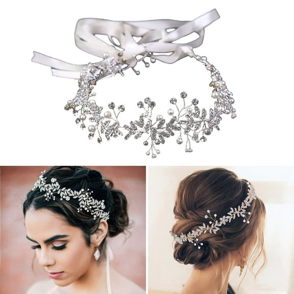 Tnobhg Women Retro Rhinestones Flower Leaf Headband Faux Pearl Ribbon Bow Hairband Bridal Wedding Hair Accessories