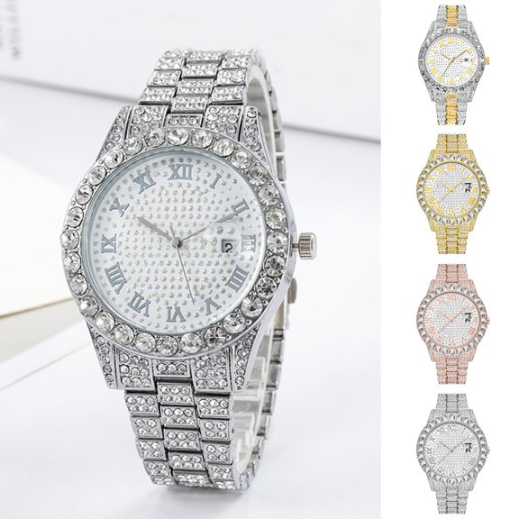 Tnobhg Women Watch Shiny Rhinestone Inlaid Stainless Round Dial Quartz Movement Color Matching Decorative Lady Wristwatch Jewelry
